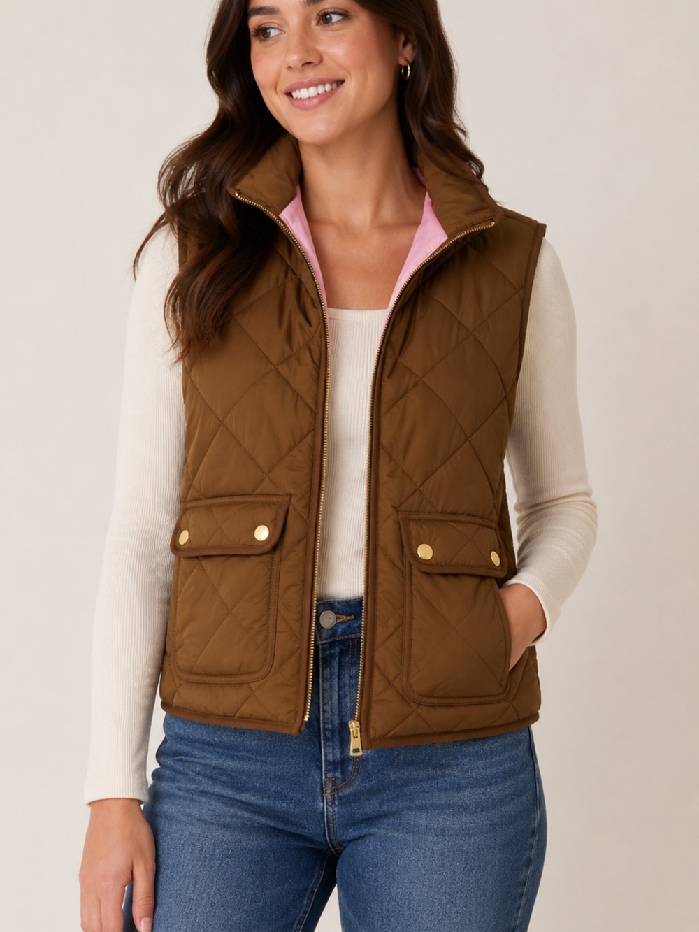 J. Crew Quilted Vest Brown Puffer Womens medium lightweight outdoor preppy
